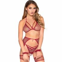 Leg Avenue Net Bra Top, String & Harness Set 89362 Burgundy-Silver