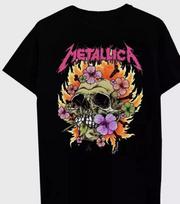Metallica gėlių kaukolės berniukiško kirpimo mergaičių marškinėliai, Metallica roko grupės vintažiniai unisex marškinėliai S