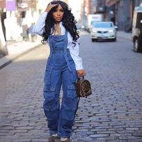 Women's Loose Denim Halter Onesie Cross-Border Spring Street Fashion Multi-Pocket Overalls Attractive Stylish One-Piece Suit S mėlyna