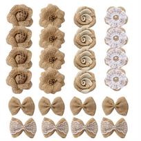 24 Pcs Burlap  Flower  Set Various Styles Retro Design Bowknot Flowers Shape Diy Handmade Material Parts Party Gifts Decoration brown #1