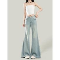 Women's Light Blue High Waist Flare Jeans Retro Washed Denim Pants S mėlyna