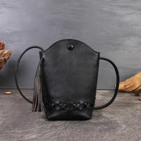 New Genuine Leather Women's Bag, Retro Top Layer Cowhide Woven Phone Bag, Mini Crossbody Single Shoulder Casual Tassel Bucket Bag ruda