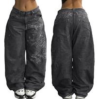 Women's Retro High Street Wide,Leg Denim Trousers Washed High,Waisted Casual Stylish Denim Trousers XXL juoda