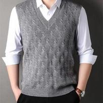 Men's Cream Cable Knit V-neck Vest Sleeveless Casual Layered Sweater Gilet L tamsiai pilka spalva