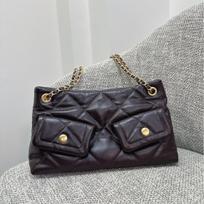 25K Double Pocket Sheepskin Hobo Chain Tote Bag Leather Rhombus Commuter Shopping Shoulder Underarm Bag 32x8.5x18cm