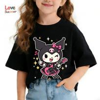Kuromi marškinėliai Mielas animacinis filmukas Mergaičių marškinėliai 4-14 metų apvalia kaklo iškirpte trumpomis rankovėmis Katės spaudinys Laisvalaikio vasarinis viršus patogumui 100