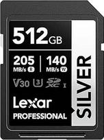 "Lexar Silver" SD kortelė 512GB, UHS-I SDXC kortelė, 205MB/s skaitymo greitis, 140MB/s įrašymo greitis, V30, U3, C10, 4K UHD vaizdo įrašas, SD atminties kortelė su "Lexar" viso gyvenimo duomenų atkūrimu