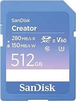 "SanDisk Creator SD-UHS-II" 512GB atminties kortelė DSLR ir veidrodiniams fotoaparatams, 6K vaizdo įrašas, V60, UHS-II, 280MB/s skaitymas, "RescuePRO Deluxe", "Adobe Creative Cloud
