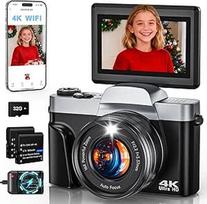 4K 64MP skaitmeninis fotoaparatas su "WiFi", 16x skaitmeninis priartinimas, 180° apverčiamas ekranas, automatinis fokusavimas, vaizdo dienoraščio kamera su asmenuke, "WiFi" kompaktiškas fotoaparatas su 32GB kortele, 2 baterijos pradedantiesiems