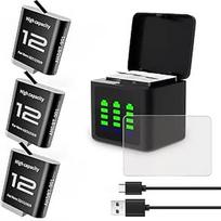 Akumuliatoriaus įkroviklio rinkinys, suderinamas su "GoPro Hero 12 11 10 9 Black", 3 pakuotės įkraunamos 2580 mAh baterijos + trigubas įkrovimo dėklas + C tipo kabelis + empered Glass Screen Protector