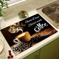 1Pcs  Rubber Drying Mat With Coffee Themed Print  For Coffee Shop Restaurant Kitchen Carpet Tableware Durable Diatom Mud Table Mat Pet Mat Coffeeware 30cmX40cm