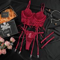 Moteriškas vasaros seksualus nėrinių apatinio trikotažo komplektas, Elegantiška suvarstoma juostele push-up liemenėlė su stringais, Madingi intymūs drabužiai S raudona