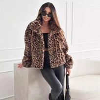 Rudi leopardo rašto dirbtinio kailio švarkas Moteriški mados viršutiniai drabužiai S leopardo rašto spalva