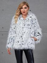 Women's Faux Fur Lynx Leopard Print Coat with Turn-Down Collar - Stylish Faux Fox Fur Jacket XL