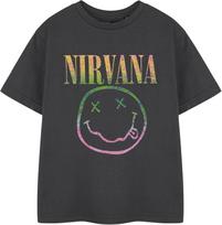 Nirvana Vaivorykštės Vaikų Marškinėliai _ Pilki Vaivorykštės Logotipo Grafiniai Marškinėliai _ Trumpomis Rankovėmis Unisex Marškinėliai Vaikams _ Roko Grupė S juoda