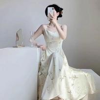 Women's Cream Spaghetti Strap Midi Square Neck Ruched Waist Abstract Line Print Elegant Party Dress S