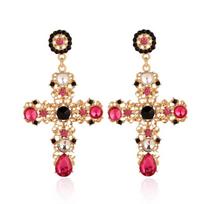 New Arrival Vintage Black Pink Crystal Cross Drop Earrings for Women Baroque Bohemian Large Long Earrings Jewelry Brincos 2023