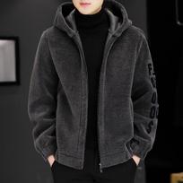 Men's Lambswool Hooded Wool Jacket with Fleece Lining and Embroidered Design 3XL