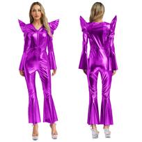 Halloween Disco Party Costume for Women S-3XL: Full Shiny Metallic Jumpsuit with High Waist, Long Sleeves & Flared Pants S sidabras