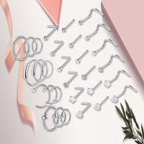 30 Nose Rings Set 20 Screw Hoops sidabras