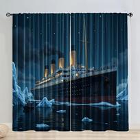 2pcs Titanic-Themed Dark Sheer Curtains – Made of Polyester with Rod Pocket Design, Perfect for Bedroom or Living Room Decor 53x116cm(2pcs)