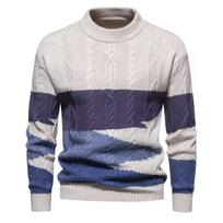 2024 Men's Color Block Round Neck Cable Knit Sweater - Retro Autumn/Winter Warm Pullover XL mėlyna