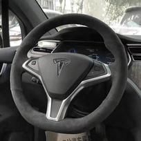 For Tesla Model 3 2015- Model Y 2018- Hand stitched Black white  Leather Non-Slip car Steering Wheel Cover 2