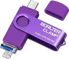 "BorlterClamp" USB 3.0 atmintinė 512GB 3 in 1 "Android" telefonams, "BorlterClamp" USB atmintinė su 3 USB prievadais (USB C/mikroUSB/USB-A), skirta "Samsung Galaxy", kompiuteriui ir kitiems įrenginiams (violetinė)