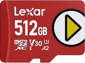 "Lexar Play Micro SD" kortelė 512GB, microSDXC UHS-I, iki 205MB/s skaitymui, 140MB/s įrašymui, 10 klasė, U3, V30, A2, 4K vaizdo įrašai, didelės spartos kortelė, skirta perjungikliams, nešiojamiesiems žaidimų įrenginiams ir išmaniesiems telefonams