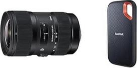 "Sigma 18-35 mm F1.8 DC HSM Art Lens" objektyvas "Canon EF Lens Bayonet" ir "SanDisk Extreme Portable SSD 4 TB
