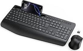 Belaidis klaviatūros ir pelės rinkinys, ergonomiška pilno dydžio klaviatūra su riešo atrama, telefono laikikliu, miego režimu, tyli 2,4 GHz belaidė klaviatūra ir pelė "Mac", "Windows" (tamsiai juoda)
