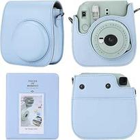 Fotoaparato dėklas, suderinamas su "Fujifilm Instax Mini 12 11 9 8" momentiniu fotoaparatu, PU odos krepšys su 64 kišenėmis, 2 x 3 mini nuotraukų albumas, mėlynas, krepšys per petį