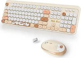 Retro belaidė klaviatūra ir pelė, amerikietiška QWERTY, 104 rašomosios mašinėlės klaviatūra su skaičių klaviatūra, 2,4 GHz spalvinga klaviatūra, pelės rinkinys su apvaliais klavišais, skirtas nešiojamiesiems kompiuteriams Bear Beige