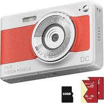 Skaitmeninis fotoaparatas 1080P FHD kompaktiškas fotoaparatas 56MP fotoaparatas Paprastas Vlogging fotoaparatas su 32G TF kortele 2 baterijos Nešiojamas skaitmeninis fotoaparatas vaikams paaugliams studentams senjorams pradedantiesiems (oranžinė balta)