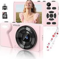 Skaitmeninis fotoaparatas 64 MP 4K fotokamera su dvigubu objektyvu, cinko lydinio korpusu, 2,8 colio LCD ekranu, 32GB "Micro SD" kortele, 18 kartų skaitmeniniu priartinimu ir OTG adapteriu, kompaktiškas fotoaparatas paaugliams, pradedantiesiems (rožinis)