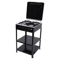 Nešiojama keturių degiklių viryklė su BBQ grotelėmis ir vėjo deflektoriumi, atskira, šeimos lauko veiklai juoda