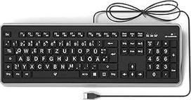 Vokiška klaviatūra (QWERTZ) su didelėmis raidėmis, baltu LED apšvietimu ir USB prievadu - skirta senjorams, vaikams ir silpnaregiams - klaviatūra, kompiuterių priedai, apšviesta, laidinė