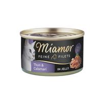Miamor Feine Filets in jelly - drėgnas kačių ėdalas su tunu ir kalmarais 100g skardinė