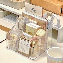Transparent Multi-Compartment Desk Organizer: Pen Holder, Memo Pad, and Mask Storage
