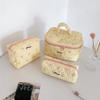 Korean-Style Cream Plaid Makeup Bag with Bow - High-Value Wash and Skincare Storage Handbag Small raudona