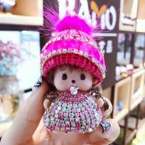 Kristalais inkrustuotas Monchhichi raktų pakabukas, megzta kepurė, audinės pakabukas, prizas iš žaidimų automato, mainų dovana Blue