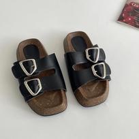 Sidabrinės retro storapadės vienos juostos Birkenstocks šlepetės, vasarinės nešiojamos lauke, paaukštinančios, universalios, neslystančios, vėsios šlepetės 35 juoda