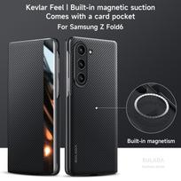 Magnetinis apverčiamas išmanusis odinis dėklas su kortelės lizdu ir Kevlaro tekstūra, skirtas Samsung Z Fold7/W26 (6/5/4) VIVO-X Fold3 mėlyna