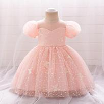 Rožinė pūsta rankovėmis princesės gėlių mergaitės suknelė su tinklelio sijonu 70cm/6-9M
