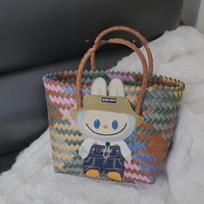Labubu Summer new woven basket bag shoulder handbag women's bag cute pull cloth cartoon rattan bag KTB 22*12*22