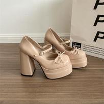 Super high heel Mary Jane shoes thick heel with buckle waterproof table single shoes jk small leather shoes nude high heels 34
