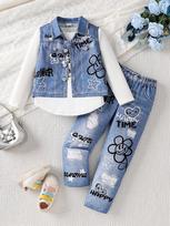 Girls' Spring/Autumn Denim Vest & Straight-Leg Pants Set 120 cm gray