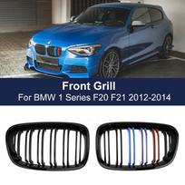 M spalvos priekinės grotelės BMW F20 F21 1 serijai 2011-2014 m. Blizgančios juodos dvigubo strypo lenktyninės sportinės grotelės