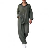 Collection of 2 Pieces Women Blouse Pants Collection Plus Size Lapel Long Sleeves Top Wide Leg Relaxed Fit Thin Elastic Waist Trousers Everyday Hom M šviesiai mėlyna spalva