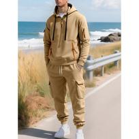 Men's Gray 2-Piece Tracksuit  Half-Zip Hoodie Cargo Pants  Casual Streetwear Set S chaki